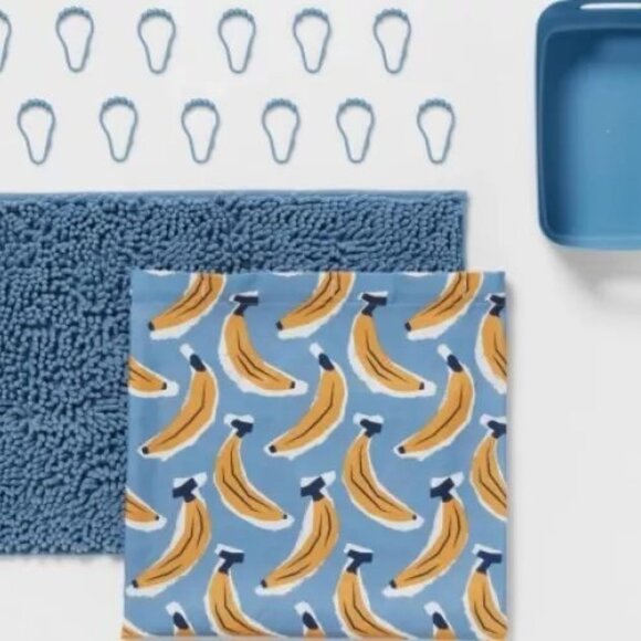 Brand New in Package Room Essentials 15pc Bananas Shower Curtain Set, Blue. - Picture 1 of 5
